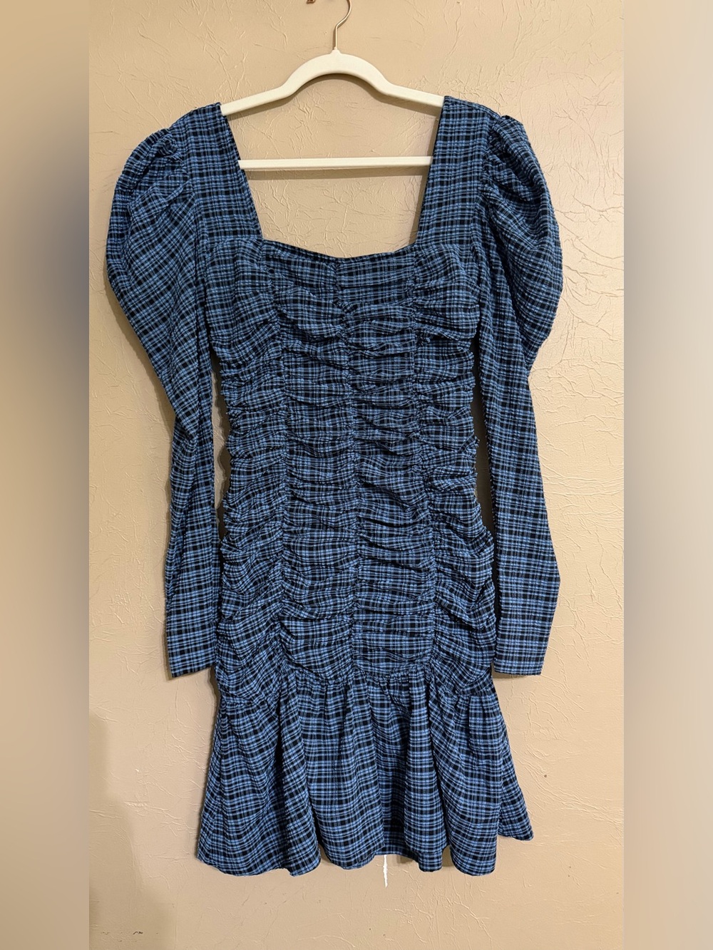 NWT GANNI ruched checked stretch-seersucker mini dress in blue and black.